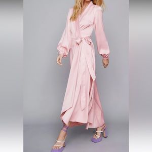 Satin Long Sleeve Midi Wrap Dress